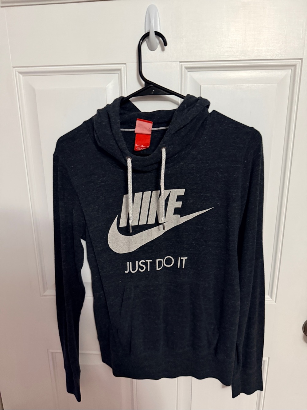 Nike Charcoal Gray Hoodie with White Drawstrings and White Logo